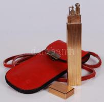 Elegáns, "slim" benzines öngyújtó bőrtokkal /  Fine vintage slim lighter with leather case, 8cm