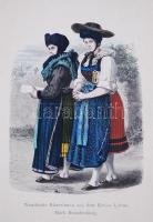 Kis művészeti tétel: színes Monet-reprodukció, 2db színezett fametszet osztrák népviseletű nőkről, K...