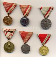 Vegyes militária tétel, benne: 1917. Ezüst Vitézségi Érem II. osztály "Fortitudini / IV. Károly" + 1914. Bronz Vitézségi Érem "Der Tapferkeit" Br érdemérem + 1916. "Károly Csapatkereszt" + 1918. Magyar Háborús Emlékérem kardokkal,sisakkal "Pro Deo et Patria" ezüstözött Br kitüntetés + Ausztria 1932. "Háborús Emlékérem 1914-1918" mellszalaggal Br kitüntetés. Szign.: Grienauer + Bulgária 1933. Háborús emlékmedál "1915-1918" kitüntetések mindegyik mellszalagon (+ 1db mellszalag) T:vegyes