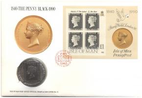 Man-sziget 1990. 1C "Penny Black" érmés borítékon elsőnapi bélyegzős bélyegblokkal, ismertetővel T:BU Isle of Man 1990. 1 Crown "Penny Black" coin letter with first day of issue stamp C:BU