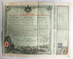 Olaszország/Róma 1885.December 10. Olasz Vöröskereszt kötvénye 25L osztrák-magyar bélyeggel és pecséttel T:hajtott Italy/Rome 1885. Italian Red Cross - bond about 25 Lire C:folded