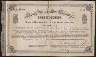 Német Államok / Meiningen 1870. Szász-Meiningeni Hercegség részjegye 7 Guldenről T:III German States / Meiningen 1870. Dutchy of Saxony-Meiningen, Antheil-Schein about 7 Gulden C:F