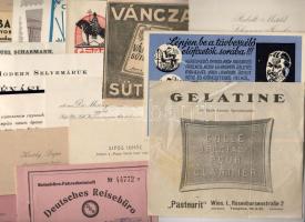 kb 50 db vegyes papírrégiség: címkék, jegyek, nyomtatványok, meghívók, ex librisek, névjegyek, képeslapok stb.