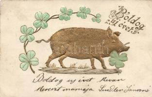 New Year, pig, clover Emb. (small tear)