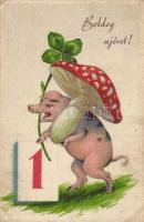 New Year, pig, clover, mushroom, calendar, litho (EB)