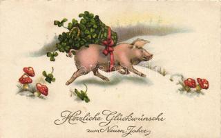 New Year, pig, clover, mushroom, horseshoe, litho (EK)