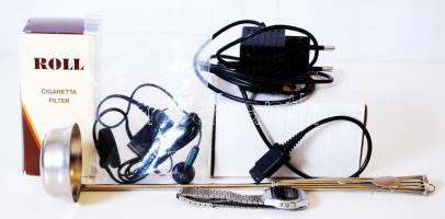 Bolha tétel: Fém merőkanál, női karóra, 1 doboz cigaretta filter (kb 200 db), 2 db mobil telefon töltő