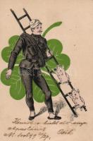 1899 New Year, chimney sweeper with pigs, clover (gluemark)