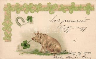 1899 New Year, pig with clovers and horseshoe, litho (b)