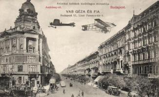 Budapest VI. Andrássy út, Vas Géza és fia aviatikai kellékeket árusító kereskedésének rekláma, repülők, Deutsch P. iparos üzlete, fogorvos, lóvasút, villamos