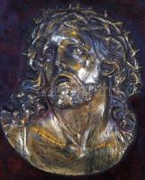 Krisztus fali kép, réz fa lemezre ragasztva, 20×17 cm