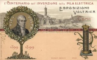 1899 Como, 1. Centenario dellInvenzione della Pila Elettrica, Esposizione Voltaica / Como Expo, Alex Volta, invention of battery, anniversary litho