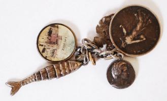 cca 1900 Kis kulcstartó halfigurával és különféle érmekkel (Ezüst (Ag.) 1904-es 1 frankos)