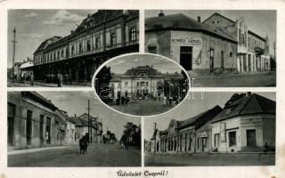 Csap railway station, the shops of Sámuel Sermer and Sándor Kazinczy (fl)