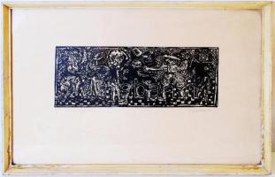 Ágotha Margit (1938-): Maszk vígjáték. Linó, papír, jelzett, üvegezett keretben 40×60 cm