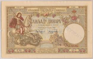 Jugoszlávia 1920. 1000D "LAZNA" hamisítvány, ami forgalomban volt T:hajtatlan, széleken kis beszakadások Yugoslavia 1920. 1000 Dinara "LAZNA", counterfeit with serial C:unfolded, small tears  Krause 23. x2