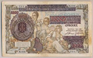 Szerbia/német megszállás 1941. 1000D T:III
Serbia /German occupation 1941. 1000 Dinara C:F