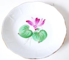 Kézzel festett, virágokkal díszített, jelzett Herendi porcelán tálka /  Hand painted Herendi porcelain plate, d:9 cm