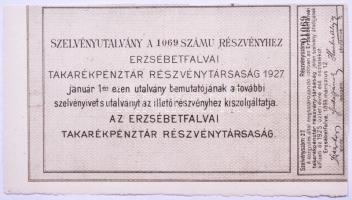 Erzsébetfalva 1899. "Az Erzsébetfalvai Takarékpénztár Részvény-Társaság" részvénye 100K-ró...