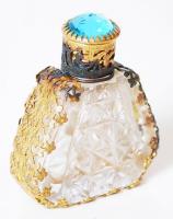 Régi parfümös üvegcse rézé és üveg díszítéssel / 
Vintage perfume glass, 4×4,5 cm