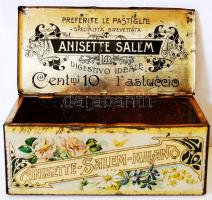 Cca 1910 fém tablettás doboz ánizs virágokkal, olasz nyelven, m:8 cm, h:22 cm sz:11 cm/ Metal drug b...