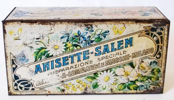 Cca 1910 fém tablettás doboz ánizs virágokkal, olasz nyelven, m:8 cm, h:22 cm sz:11 cm/ Metal drug b...