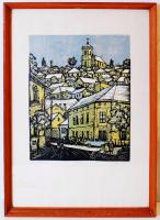 Réti Mátyás (1922-2002): Tél. Színezett linó 94/100, jelzett, üvegezett keretben, 60×42 cm