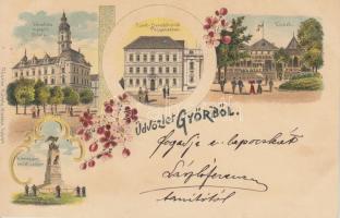 Győr városháza, Szent Benedek rendi gimnázium, kioszk, Kismegyeri emlékszobor, litho