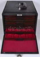 Nagyalakú éremtartó koffer, benne 8db Leuchtturm típusú éremtartó tálca, 5féle méretű érme tárolásár...