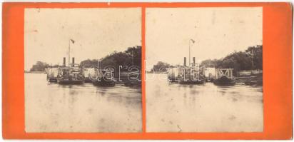 cca 1880 Pozsony kikötő hajók sztereofotó / Pressburg shipyard stereo photo