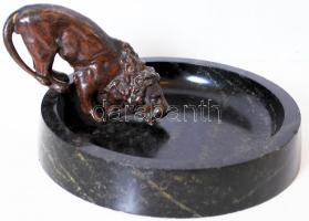 Oroszlános asztali névjegykártya tartó, bronz szobor, márvány tál, jó állapotban, oroszlán h:16 cm, m:11 cm tál d:22 cm/ Marble business card holder with lion bronze sculpture