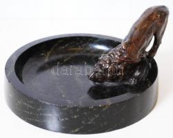 Oroszlános asztali névjegykártya tartó, bronz szobor, márvány tál, jó állapotban, oroszlán h:16 cm, ...