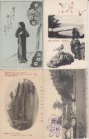 45 db régi japán képeslap, főleg vallással kapcsolatos és természetképes lap, néhány művészlap és egy leporello / 45 Japanese postcards, mainly temples and landscapes, some artist cards and one leporello