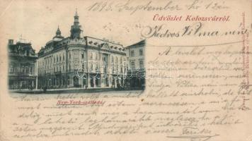 1898 Kolozsvár Hotel New York, the shops of Emil Schuster and Mihály Csiky (gluemark) (EK)