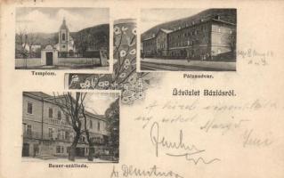 Báziás railway station, Hotel Bauer, church (fa)