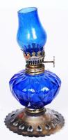 Kicsi kék üveg petróleumlámpa /  Tiny blue glass oil lamp, 14cm