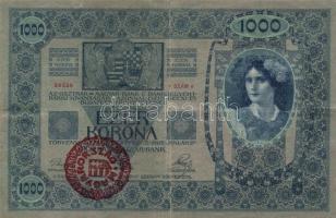 1902. 1000K piros "Magyarország" bélyegzővel + 1913. 20K román körbélyegzővel T:III,III-