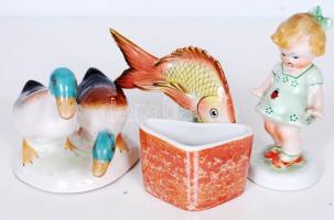 4 db jelzett, porcelán: Kislány a katicával, sérült, kacsa pár, hibátlan, m:10,13 cm, halacska, fogpiszkáló tartó