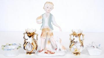 Restaurátor tétel, összesen 5 db: mini váza pár, mini madaras kosár, kis virágos kosár, kis fiú és a kutyája, mindegyiken kisebb hibákkal