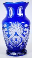 Több rétegű kobalt kék üveg váza, csiszolt, hibátlan, hámozott, m: 16 cm