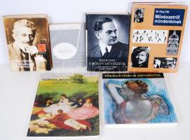6db vegyes művészeti könyv: Kner Izidor: Fél évszázad mezsgyéjén; Kner Imre: A könyv művészete; valamint zenei és képzőművészeti könyvek