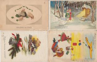 13 db régi újévi és karácsonyi üdvözlőlap, benne több litho és egy dombornyomott lap