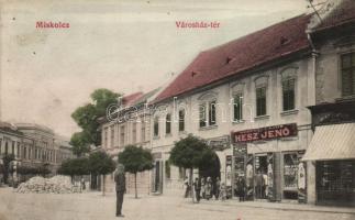 Miskolc, Városház tér, Hesz Jenő és Merényi Lajos kereskedése (wet damage)