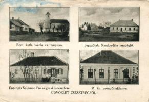 Csesztreg Eppinger Salamon fia vegyeskereskedése, csendőrlaktanya, jegyzőlak, Kardos vendéglő, római katolikus templom és iskola (ázott / wet damage)