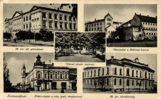 Szamosújvár court, Main square with catholic church, castle with the Rákóczi house, grammar school, the entrance of the promenade (EB)