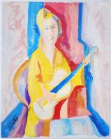 Kmetty jelzéssel: Nő gitárral. Olaj, papír, 25×18 cm