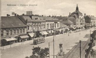 Debrecen Ferenc József út (Piac utca), Márkus Jenő Pannónia Szállodája, Riesz Lipót cukrászüzlete, villamos