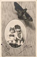 Pillangót és gyerekeket ábrázoló hosszúcímzéses művészlap