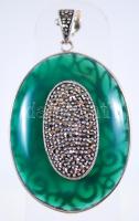 Krizopráz medál markazitokkal, áttört ezüst (Ag) foglalatban /  Chrysophrase pendant with marcasites in pierced silver frame, 5,5cm, br: 19,26gr