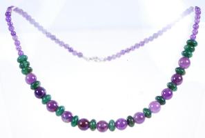 Jáde és ametiszt nyaklánc ezüst (Ag) szerelékkel /  Jade and amethyst necklace with silver accessories, 42cm
